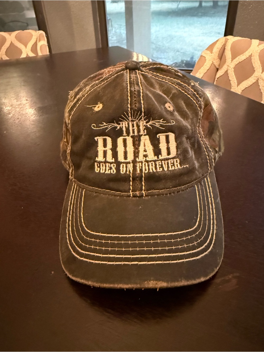 REK Brown Embroidered 'The Road Goes On Forever' Camo Baseball Cap